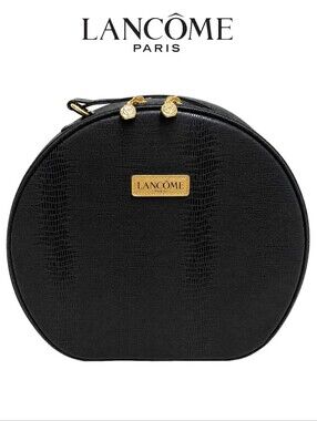 LANCOME Large Black Faux Alligator Round Train Case Travel Cosmetic Make-Up Bag